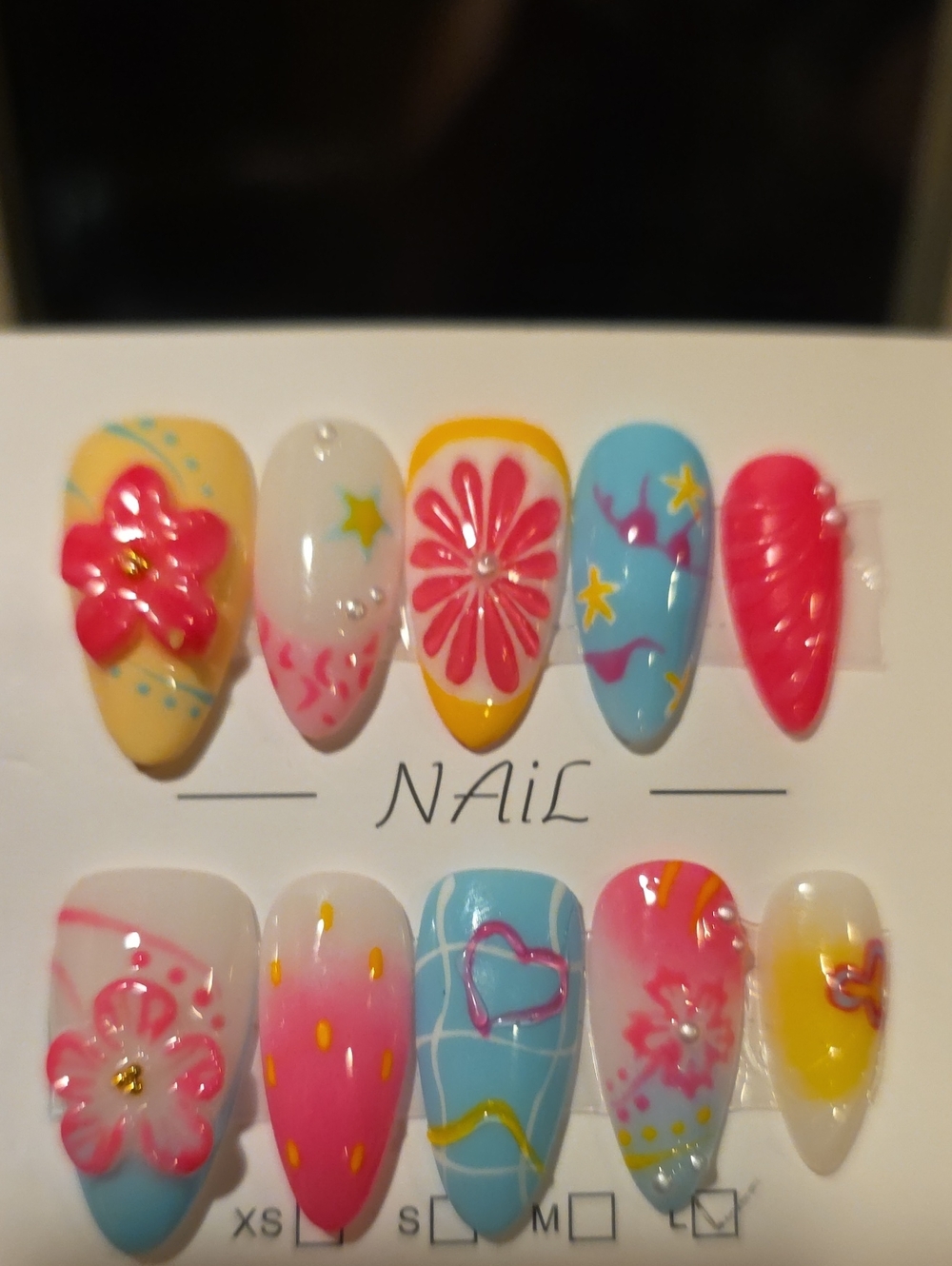Floral & Heart Nail Art Set - Yellow, Pink, Blue Size Large